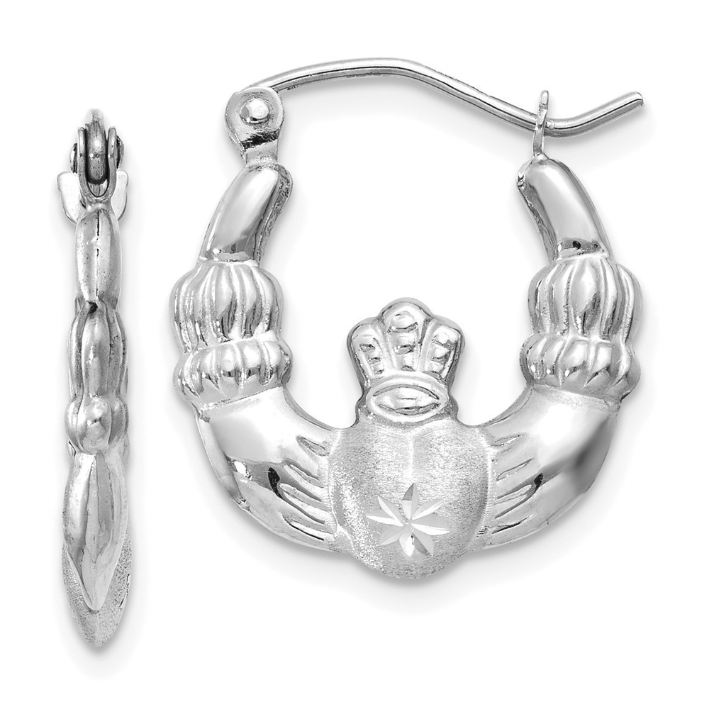 14k White Gold Satin and Diamond-cut Claddagh Hoop Earrings 17 L x 2 mm W